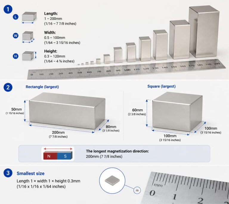Image des dimensions courantes des aimants en bloc de néodyme