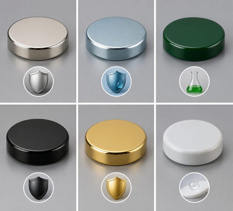 Image présentant les options de revêtement de surface pour les aimants en disque personnalisés