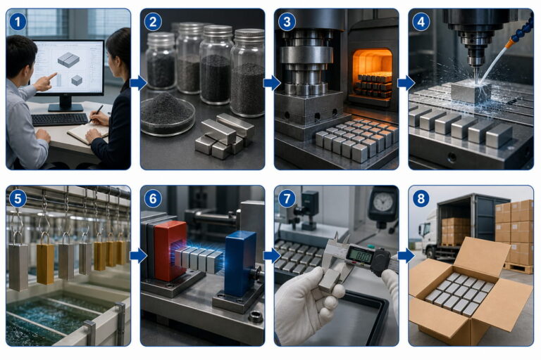 Image illustrant le processus de fabrication d'aimants N38 sur mesure