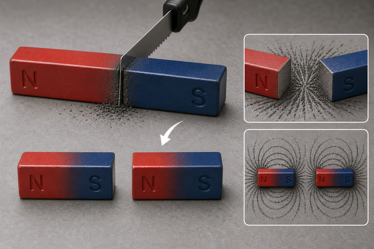 Que se passe-t-il si l'on coupe un aimant en barre en deux ? 4 En coupant un aimant en barre en deux, chaque moitié devient un aimant plus petit doté à la fois d'un pôle nord et d'un pôle sud.