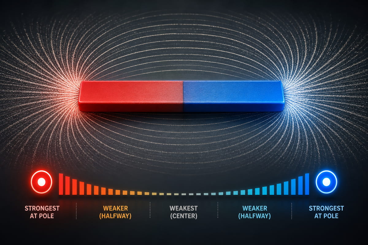 Quelle est la partie la plus puissante d'un aimant en barre ? Les deux pôles 4 Le champ magnétique d'un aimant en forme de barre est le plus intense au niveau de ses deux pôles