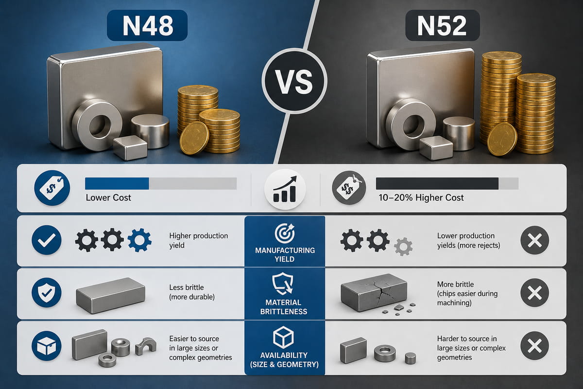 Différences de coût et de fabrication entre les aimants N48 et N52