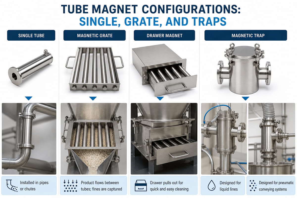 Configurations des aimants tubulaires : simple, en grille et en pièges (image)